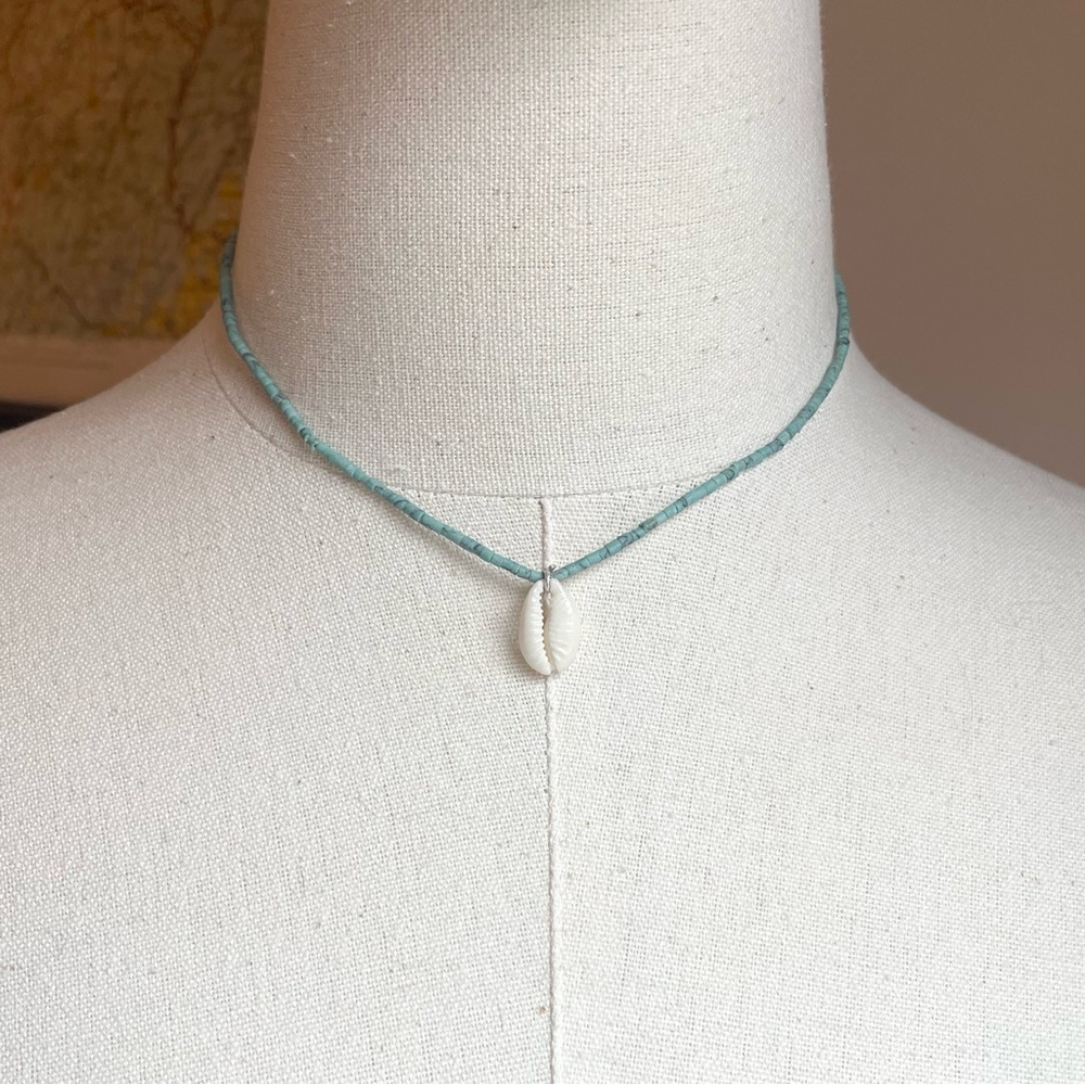 Ocean Blue Cowrie Meribella Shell Stone Beaded Necklace Surf Beach Minimalist